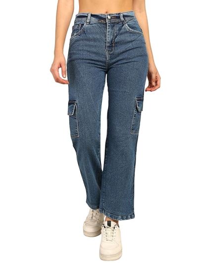 Women's High Waist Denim Boyfriend Fit Cargo Jeans — Navy Blue