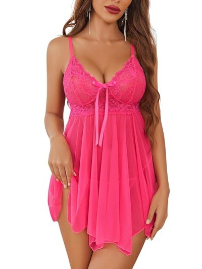Girlscue Women Lingerie Lace Babydoll Mesh Nightgown Chemise Boudoir Nighty — Pink