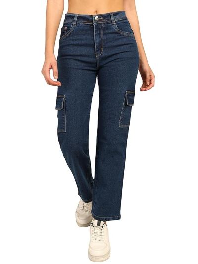 Women's High Waist Denim Boyfriend Fit Cargo Jeans — Blue