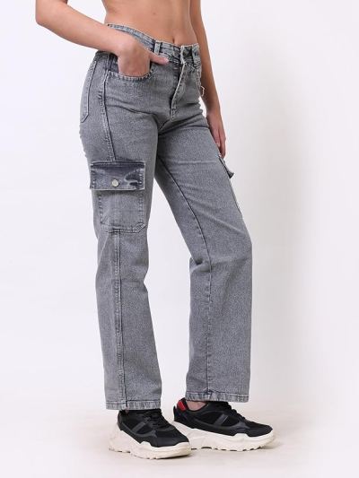 Women's High Waist Denim Boyfriend Fit Cargo Jeans — Grey
