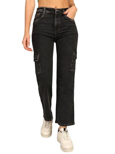 Women's High Waist Denim Boyfriend Fit Cargo Jeans — Black