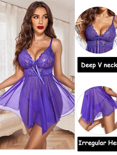 Girlscue Women Lingerie Lace Babydoll Mesh Nightgown Chemise Boudoir Nighty — Purple