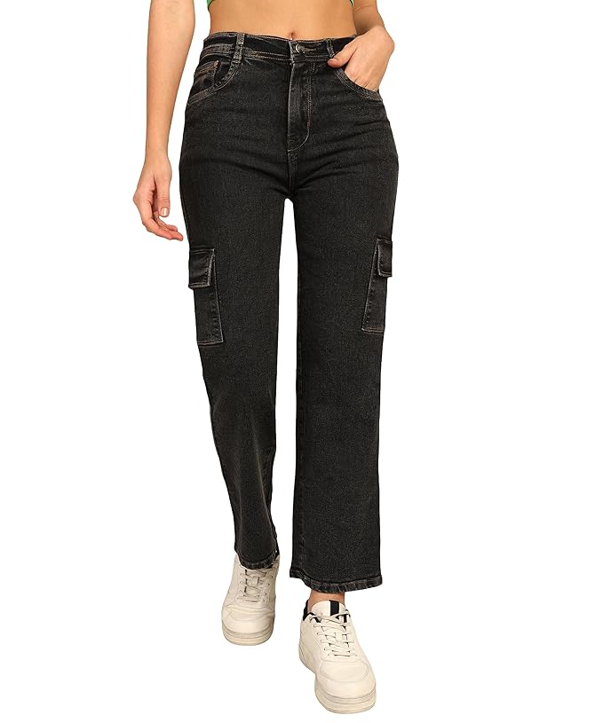 Women's High Waist Denim Boyfriend Fit Cargo Jeans