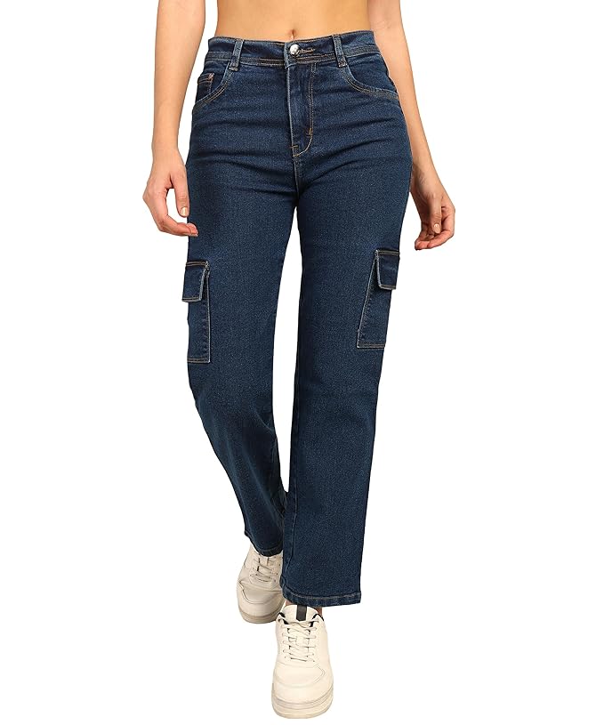Women's High Waist Denim Boyfriend Fit Cargo Jeans